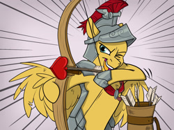 Size: 1654x1241 | Tagged: safe, artist:rutkotka, flash magnus, pegasus, pony, g4, archery, arrow, bow (weapon), bow and arrow, heart shaped, helmet, left handed, male, one eye closed, open mouth, open smile, quiver, smiling, solo, speed lines, stallion, weapon, wings