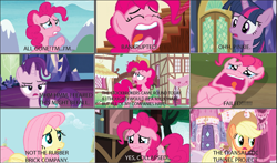 Size: 945x556 | Tagged: safe, edit, edited screencap, screencap, applejack, fluttershy, pinkie pie, starlight glimmer, twilight sparkle, g4, my little pony: friendship is magic, carousel boutique, crying, floppy ears, ponyville, the wind in the willows, train station, twilight's castle, wavy mouth