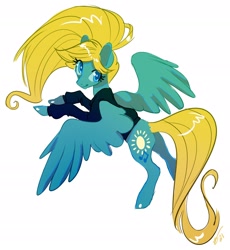 Size: 1870x2030 | Tagged: safe, artist:opalacorn, oc, oc only, oc:sunny hymn, pegasus, pony, clothes, female, jacket, long mane, long tail, looking at you, mare, simple background, smiling, smiling at you, solo, spread wings, tail, white background, wings