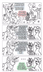 Size: 2495x4096 | Tagged: oc name needed, safe, artist:opalacorn, oc, oc only, oc:donut daydream, pony, snake, unicorn, ..., adam and eve, black and white, christianity, comic, commission, cross-popping veins, dialogue, donut, emanata, female, food, freckles, god, grayscale, horn, leaves, long horn, male, mare, monochrome, partial color, simple background, speech bubble, stallion, trio, white background