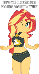 Size: 1079x2032 | Tagged: safe, artist:star-armour95, artist:yaya54320bases, sunset shimmer, human, equestria girls, equestria girls specials, g4, my little pony equestria girls: better together, my little pony equestria girls: forgotten friendship, bare shoulders, beautiful, belly, belly button, bikini, breasts, busty sunset shimmer, clothes, cute, female, meme, midriff, one eye closed, shimmerbetes, simple background, smiling, solo, sunset shimmer's beach shorts swimsuit, swimsuit, transparent background, vector, waifu, wife, wink, woman