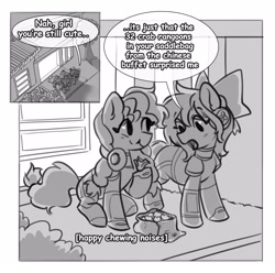 Size: 2600x2583 | Tagged: safe, artist:opalacorn, oc, oc only, oc:cinnabyte, oc:lillybit, earth pony, pony, bag, black and white, bow, comic, commission, dialogue, eating, food, grayscale, hair bow, headphones, headphones around neck, high res, hoof hold, monochrome, open mouth, saddle bag, sitting, smiling, speech bubble