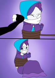 Size: 1052x1488 | Tagged: safe, artist:artsymlp12, rarity, human, equestria girls, g4, bondage, bound and gagged, cloth gag, clothes, comic, dress, gag, gown, humanized, long dress, long skirt, skirt, solo, tied up, victorian, victorian dress