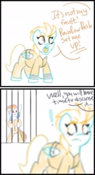 Size: 1117x2048 | Tagged: safe, artist:pozya1007, lightning dust, rainbow dash, pegasus, pony, g4, bars, bound wings, clothes, colored lineart, comic, female, gift art, jumpsuit, mare, never doubt rainbowdash69's involvement, prison outfit, prisoner, prisoner rd, sketch, text, wings