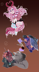 Size: 833x1548 | Tagged: safe, artist:bunnari, oc, oc only, oc:crescenta darkwood, oc:crimson charm, oc:dixie dizzy, dog, draconequus, hybrid, pony, unicorn, bad end au, apple, cloak, clothes, female, food, hat, hood, horn, interspecies offspring, licking, magic, magical lesbian spawn, mare, offspring, parent:applejack, parent:discord, parent:pinkie pie, parent:starlight glimmer, parents:discopie, parents:glimmerjack, skirt, tongue out