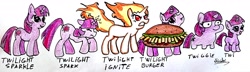 Size: 4080x1170 | Tagged: safe, artist:nicolai, twilight sparkle, pony, unicorn, g4, angry, burger, clothes, concentrating, cosplay, costume, female, fiery mane, fiery tail, filly, foal, food, hay burger, horn, licking, licking lips, meme, rapidash twilight, sheet, smiling, sparkles, tongue out, traditional art, twiggie, unicorn twilight