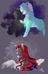 Size: 1000x1536 | Tagged: safe, artist:bunnari, bon bon, lyra heartstrings, sweetie drops, oc, oc:majesty enigma, alicorn, earth pony, pony, unicorn, bad end au, g4, alicorn oc, crying, female, horn, jewelry, lesbian, mirror universe, necklace, offspring, parent:king sombra, parent:princess celestia, parents:celestibra, petrification, ship:lyrabon, shipping, statue, turned to stone, wings