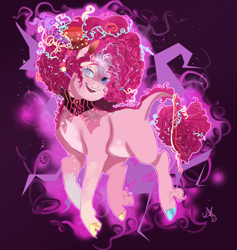 Size: 866x913 | Tagged: safe, artist:bunnari, pinkie pie, earth pony, pony, bad end au, g4, alternate design, choker, cloven hooves, female, fetlock tuft, hat, heterochromia, leonine tail, mare, tail, top hat