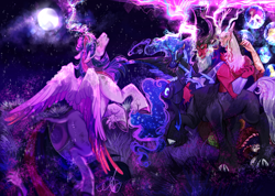 Size: 1914x1359 | Tagged: safe, artist:bunnari, applejack, discord, fluttershy, lord tirek, nightmare moon, pinkie pie, rainbow dash, rarity, twilight sparkle, alicorn, centaur, draconequus, earth pony, pegasus, pony, unicorn, taur, bad end au, g4, bad end, female, full moon, helmet, hoof shoes, horn, mane six, mare, moon, night, peytral, scar, story included, twilight sparkle (alicorn), wings