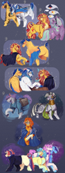 Size: 1888x5000 | Tagged: safe, artist:bunnari, flash sentry, lemon hearts, maud pie, minuette, moondancer, shining armor, sunburst, sunset shimmer, twinkleshine, zecora, pegasus, pony, unicorn, zebra, bad end au, g4, baby, baby pony, bag, bandage, chest fluff, cloak, clothes, cloven hooves, colt, curved horn, ear piercing, earring, facial hair, fetlock tuft, foal, glasses, goatee, horn, jewelry, male, offspring, parent:starlight glimmer, parent:sunburst, parents:starburst, piercing, saddle bag, scar, speech bubble, stallion, story included, sweater