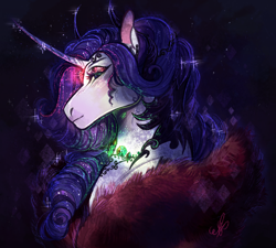 Size: 1200x1080 | Tagged: safe, artist:bunnari, rarity, pony, unicorn, bad end au, g4, clothes, curved horn, female, horn, jewelry, mare, necklace, regalia, solo