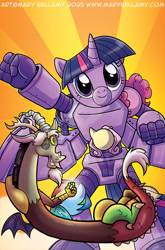 Size: 593x900 | Tagged: safe, artist:marybellamy, idw, applejack, discord, fluttershy, pinkie pie, rainbow dash, rarity, sunburst, twilight sparkle, robot, g4, cover, crossover, mecha, unused