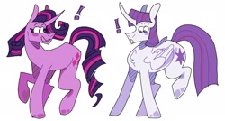 Size: 2772x1487 | Tagged: safe, artist:lockandkeyhyena, rarity, twilight sparkle, alicorn, pony, unicorn, g4, chest fluff, duo, duo female, exclamation point, female, horn, lesbian, mare, open mouth, palette swap, recolor, ship:rarilight, shipping, simple background, twilight sparkle (alicorn), unshorn fetlocks, white background