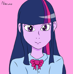 Size: 2112x2134 | Tagged: safe, artist:wrath-marionphauna, twilight sparkle, equestria girls, g4, bow, clothes, shirt, smiling, solo