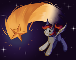 Size: 1520x1200 | Tagged: safe, artist:ju4111a, oc, oc:vet, bat pony, pony, bat pony oc, bat wings, chest fluff, comet, flying, looking at something, smiling, smiling at someone, solo, space, sparkles, stars, wings