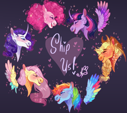 Size: 1800x1600 | Tagged: safe, artist:bunnari, applejack, fluttershy, pinkie pie, rainbow dash, rarity, twilight sparkle, alicorn, earth pony, pegasus, pony, unicorn, watcherverse, g4, blushing, eyes closed, horn, mane six, open mouth, open smile, smiling