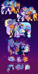 Size: 3044x5885 | Tagged: safe, artist:bunnari, rainbow dash, rarity, sunset shimmer, oc, oc:creativity burst, oc:radiant rays, oc:supernova dazzle, pegasus, pony, unicorn, watcherverse, g4, baby carrier, blushing, choker, cloak, clothes, curved horn, ear piercing, earring, female, filly, flying, foal, glasses, glasses chain, horn, jacket, jewelry, lesbian, magic, magical lesbian spawn, male, mare, mother and child, mother and daughter, mother and son, neckerchief, next generation, offspring, parent:rainbow dash, parent:rarity, parent:sunset shimmer, parents:raridash, parents:sunsarity, parents:sunsetdash, piercing, polyamory, scroll, ship:raridash, ship:sunsarity, ship:sunsetdash, shipping, spread wings, stallion, story included, sunglasses, sweat, telekinesis, unshorn fetlocks, wings