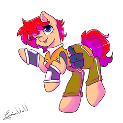 Size: 2000x2000 | Tagged: safe, artist:eniartuwu, oc, earth pony, pony, blue eyes, clothes, commission, commission open, cute, fanart, megaman zero, pants, ponified, red hair, shirt