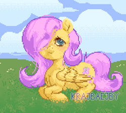 Size: 1500x1350 | Tagged: safe, artist:krajbaejby, fluttershy, pegasus, pony, g4, blushing, digital art, grass, grass field, pixel art, wings