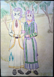 Size: 2873x4025 | Tagged: safe, artist:mildgyth, derpibooru exclusive, rarity, twilight sparkle, anthro, plantigrade anthro, ziragshabdarverse, g4, alternate hairstyle, clothes, dress, duo, duo female, female, outdoors, shoes, traditional art, tree