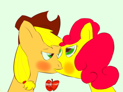 Size: 2880x2160 | Tagged: safe, artist:zenco, applejack, strawberry sunrise, g4, duo, duo female, female, green background, kissing, lesbian, ship:applerise, shipping, simple background