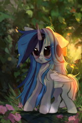 Size: 2000x3000 | Tagged: safe, artist:trankvimanger, oc, oc only, alicorn, pony, alicorn oc, bow, commission, female, forest, hair bow, horn, mare, nature, solo, tree, wings, ych result