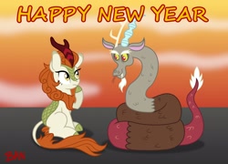 Size: 2500x1800 | Tagged: safe, artist:banquo0, autumn blaze, discord, kirin, snake, g4, chinese new year, cloven hooves, duo, female, forked tongue, happy new year, hisscord, holiday, hoof on chin, male, sitting, species swap, text, year of the snake