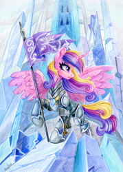 Size: 1075x1500 | Tagged: safe, artist:maytee, princess cadance, alicorn, pony, g4, armor, armored pony, colored pencil drawing, commission, flag, full plate armor, leg hold, long mane, long tail, solo, spear, spread wings, tail, traditional art, warrior cadance, weapon, windswept mane, windswept tail, wings