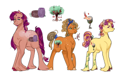 Size: 2300x1400 | Tagged: safe, artist:bunnari, oc, oc only, oc:abundandit basket, oc:maliade, oc:silenus sangria, earth pony, pony, female, magical lesbian spawn, male, mare, offspring, parent:applejack, parent:berry punch, parent:carrot top, simple background, stallion, transparent background