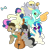 Size: 1086x1111 | Tagged: safe, artist:tnobulin, bon bon, derpy hooves, dj pon-3, doctor whooves, lyra heartstrings, octavia melody, sweetie drops, time turner, vinyl scratch, earth pony, pegasus, pony, unicorn, g4, background six, candy, cello, female, foam finger, food, horn, male, mare, muffin, musical instrument, simple background, sitting, stallion, transparent background