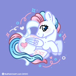 Size: 1320x1320 | Tagged: safe, artist:redpalette, star catcher, g3, body markings, cutie mark, folded wings, hooves, looking at you, lying down, smiling, sparkles, wings