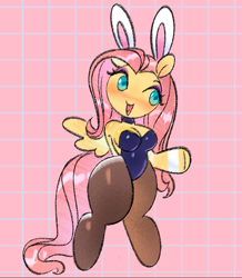 Size: 941x1080 | Tagged: safe, artist:shugrcube, fluttershy, anthro, unguligrade anthro, g4, abstract background, arm hooves, blushing, breasts, bunny suit, choker, cleavage, clothes, female, open mouth, open smile, smiling, solo