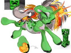 Size: 959x722 | Tagged: safe, artist:nezzypezzy, oc, oc only, pony, unicorn, creeper, fangs, horn, minecraft, one eye closed, paws, solo, wink