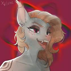 Size: 2073x2073 | Tagged: safe, artist:xilene, oc, oc only, oc:xilene, bat pony, anthro, bangs, bat pony oc, brow piercing, bust, ear piercing, piercing, portrait, red eyes, tattoo, tongue out