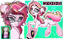 Size: 655x409 | Tagged: safe, artist:nezzypezzy, oc, oc only, pony, unicorn, clothes, ear piercing, earring, glasses, horn, jewelry, leg warmers, piercing, socks, solo