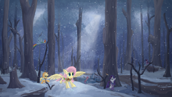 Size: 3840x2160 | Tagged: safe, alternate version, artist:callichrome, applejack, fluttershy, pinkie pie, rainbow dash, rarity, twilight sparkle, bird, earth pony, pegasus, pony, unicorn, g4, boots, clothes, coat, cute, female, flying, forest, hoofprints, horn, ice skating, mane six, mare, nature, open mouth, outdoors, running, scarf, scenery, scenery porn, shoes, shyabetes, signature, smiling, snow, snowfall, spread wings, sunlight, tree, unicorn twilight, wallpaper, wings