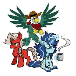 Size: 3031x3031 | Tagged: safe, artist:maxytoon, oc, oc only, earth pony, griffon, unicorn, coffee, colored, cowboy hat, dungeons and dragons, flat colors, hat, horn, pen and paper rpg, rpg, simple background, white background