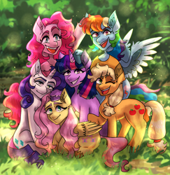 Size: 1582x1630 | Tagged: safe, artist:crystalthehybridwolf, applejack, fluttershy, pinkie pie, rainbow dash, rarity, twilight sparkle, earth pony, pegasus, pony, unicorn, g4, female, horn, mane six, mare, unicorn twilight