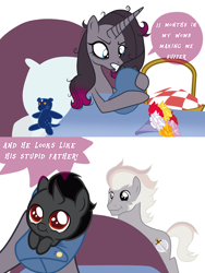 Size: 3000x3987 | Tagged: safe, artist:messy sketch, king sombra, oleander (tfh), oc, them's fightin' herds, g4, baby, bed, black, blue, colt, colt sombra, community related, father and child, father and son, female, foal, gray, male, mare, mother and child, mother and son, pink, plushie, red, red eyes, stallion