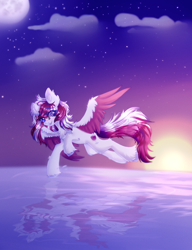 Size: 2304x3000 | Tagged: safe, artist:lime noise, oc, oc only, oc:red wine, pegasus, pony, colored wings, digital art, ear fluff, looking at you, moon, pegasus oc, sun, tail, two toned mane, two toned tail, two toned wings, wings