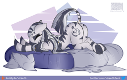 Size: 1500x947 | Tagged: safe, artist:virenth, oc, oc:virenth, zebra, ass up, bed, braid, crossed legs, ears back, eyelashes, eyes closed, face down ass up, female, hooves, large butt, mare, on bed, piercing, pillow, raised tail, solo, stretching, tail, underhoof