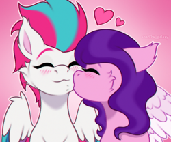 Size: 2400x2000 | Tagged: safe, artist:shad0w-galaxy, pipp petals, zipp storm, pegasus, pony, g5, :3, blushing, cheek fluff, duo, ear fluff, eyes closed, female, gradient background, heart, high res, incest, lesbian, mare, royal sisters (g5), ship:petalstorm, shipping, siblings, sisters, smooch