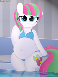 Size: 3016x4032 | Tagged: safe, artist:rainbowšpekgs, blossomforth, pegasus, anthro, unguligrade anthro, g4, arm hooves, belly, belly button, big belly, chest fluff, chubby, clothes, cute, fat, freckles, human shoulders, indoors, looking at you, round belly, shy, sitting, smiling, swimming pool, swimsuit, thicc thighs, water