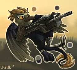 Size: 2200x1989 | Tagged: safe, artist:uteuk, oc, oc only, oc:gunner, griffon, amputee, griffon oc, heavy machine gun, prosthetic leg, prosthetic limb, prosthetics, weapon