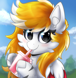 Size: 1836x1887 | Tagged: safe, artist:deraniel, oc, oc only, oc:silver hush, pony, blushing, cloud, cute, drink, drinking straw, ear fluff, looking at you, sky, smiling, solo, wings