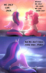 Size: 2048x3278 | Tagged: safe, artist:petaltwinkle, pinkie pie, twilight sparkle, alicorn, earth pony, pony, g4, adversarial noise, crown, duo, duo female, female, immortality blues, jewelry, lesbian, older, older twilight, older twilight sparkle (alicorn), princess twilight 2.0, regalia, ship:twinkie, shipping, sunset, twilight sparkle (alicorn), twilight will outlive her friends