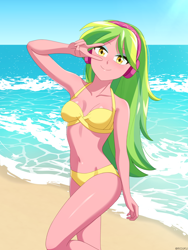 Size: 900x1200 | Tagged: safe, artist:riouku, lemon zest, equestria girls, g4, beach, belly, belly button, bikini, breasts, clothes, cute, eyeshadow, female, headphones, makeup, peace sign, sand, solo, summer, swimsuit, water, zestabetes