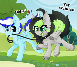 Size: 3000x2599 | Tagged: safe, artist:pegamutt, oc, oc only, oc:bree jetpaw, oc:snowy pop, dog, dog pony, original species, pegasus, pony, chest fluff, collar, commission, cute, duo, duo male and female, fangs, female, folded wings, happy, leash, male, mare, oc x oc, outdoors, pegasus oc, pet, pet play, shipping, smiling, stallion, two toned mane, wings, ych result