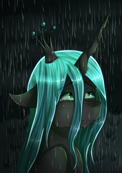 Size: 1024x1450 | Tagged: safe, queen chrysalis, changeling, changeling queen, g4, fangs, horn, rain, solo