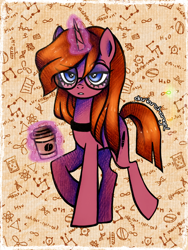 Size: 2250x2998 | Tagged: safe, artist:dariarchangel, oc, oc only, oc:dazha, pony, unicorn, g4, abstract background, alternate body style, alternate coat color, alternate cutie mark, alternate design, alternate eye color, alternate hair color, alternate hairstyle, alternate mane color, alternate tail color, alternate tailstyle, alternate universe, blue eyes, choker, coffee, coffee cup, cup, female, female oc, glasses, glowing, glowing horn, horn, levitation, lidded eyes, magic, magic aura, mare, mare oc, passepartout, pony oc, raised hoof, round glasses, slender, solo, standing, standing on two hooves, straight hair, straight mane, straight tail, tail, teeth, telekinesis, thin, traditional art, unamused, unicorn oc